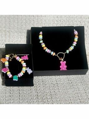 Betsey Johnson Gummy Bear 2pc Set Beaded Candy Necklace Teddy Charm Bracelet NWT